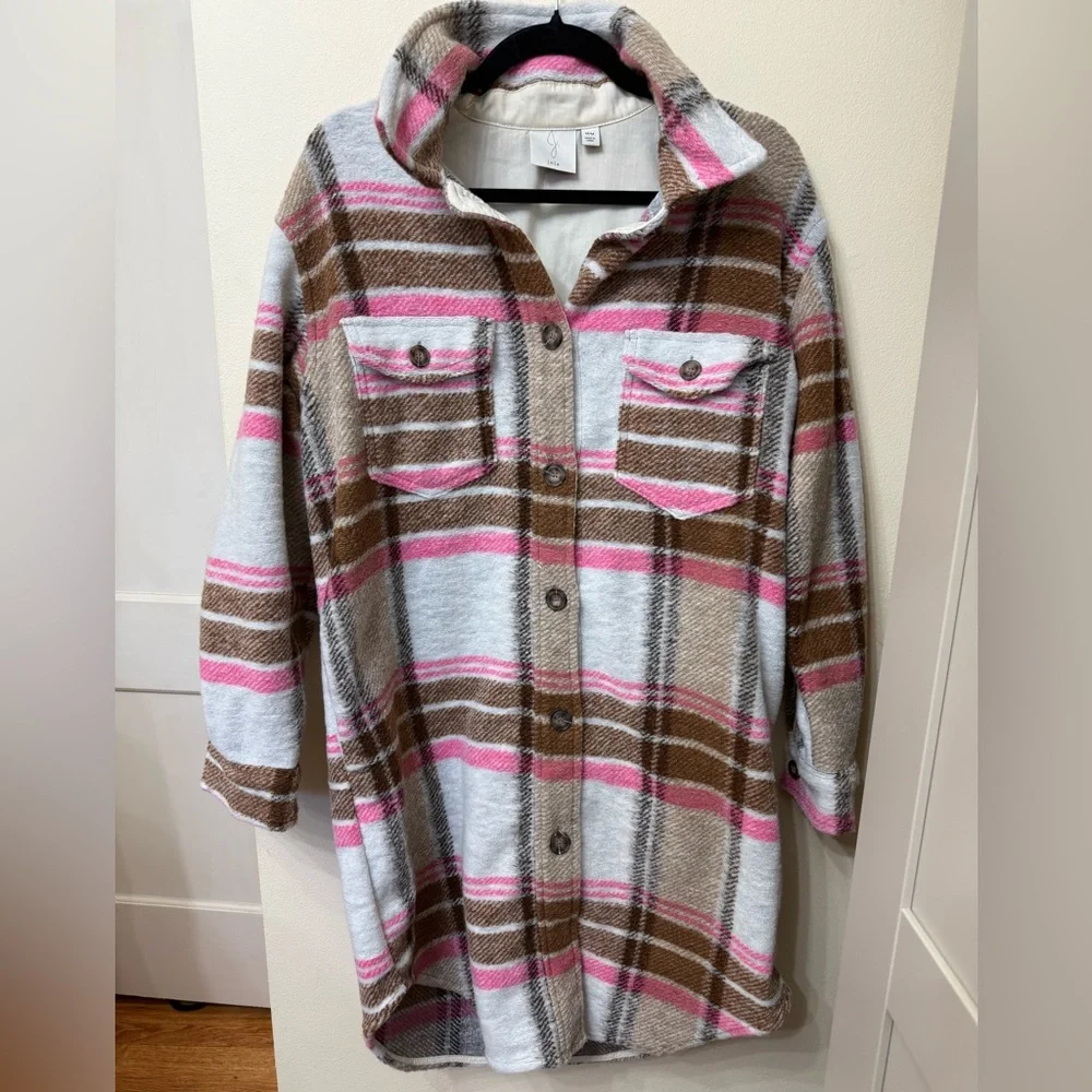 Joie M Pink & Brown Plaid Shacket Fall Layer Maximalist Designer Boho Colorful